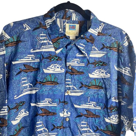 Kahala Hawaiian Islands‎ Shirt Men's XL Blue Boat Swordfish 100% Cotton (D472) - Picture 1 of 7
